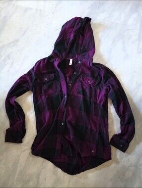 EUC Ripzone Black Purple Plaid Hoodie Long Sleeve Top 100% Cotton Sz L